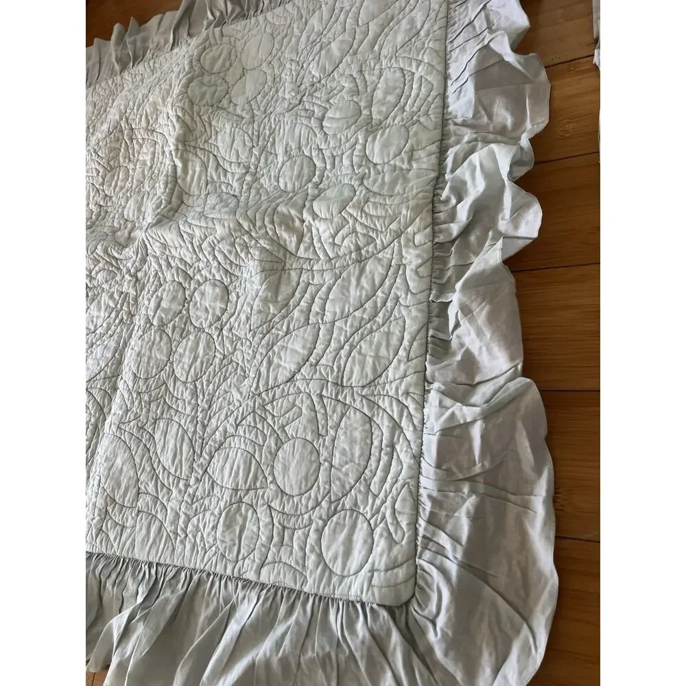 Pottery Barn Quilted Ruffled Pillow Shams Standard Seafoam Green Cotton A Pair